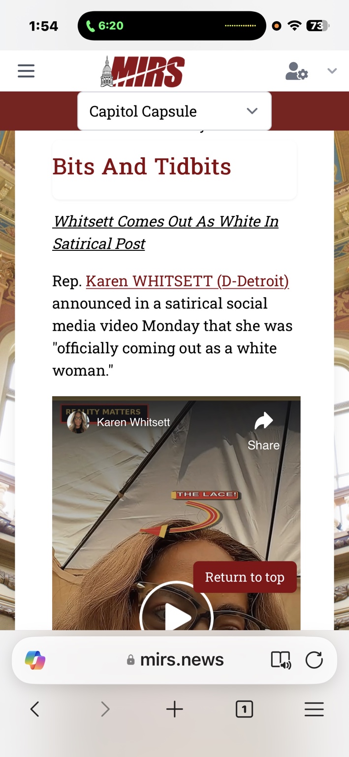 MIRS Capitol Capsule article headlined Whitsett Comes Out As White In Satirical Post, with Karen Whitsett's Reality Matters video embedded in the article